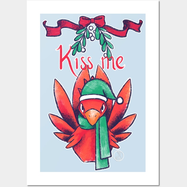 Kiss Me. I dare you. Red Chocobo under the mistletoe from Final Fantasy 14 Online Wall Art by SamInJapan
